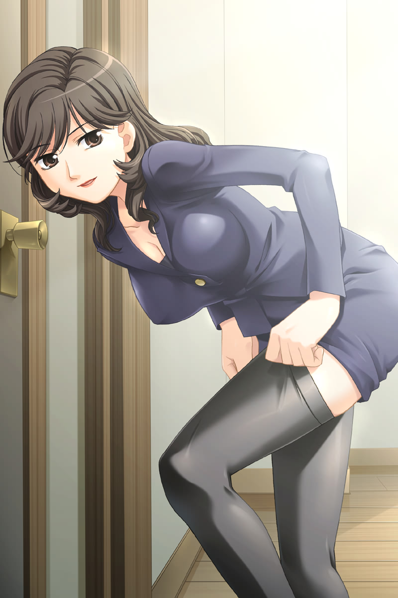 ojiri shin'ya, nojima rika, toshiue lesson, game cg, highres, 1girl, adjusting clothes, adjusting legwear, bent over, black eyes, black hair, breasts, brown eyes, brown hair, business suit, cleavage, female focus, formal clothes, jacket, large breasts, long hair, looking at viewer, mature female, pencil skirt, skirt, skirt suit, smile, solo, suit, teacher, thighhighs, thighhighs pull, zettai ryouiki