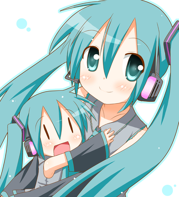 minami (colorful palette), chibi miku, hatsune miku, vocaloid, aqua eyes, aqua hair, blush, chibi, detached sleeves, dual persona, headset, hug, smile, twintails, | |