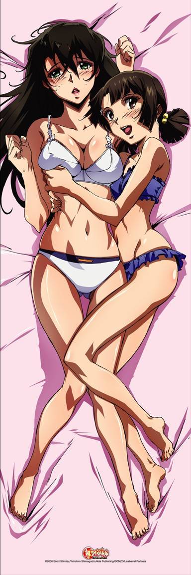 endou shizuna, kizaki emi, kurogane no linebarrel, jpeg artifacts, long image, official art, tall image, 00s, 2girls, :d, barefoot, bed, between thighs, bikini, black eyes, black hair, blunt bangs, blush, breasts, brown eyes, brown hair, cleavage, dakimakura (medium), embarrassed, endo shizuna, feet, flat chest, frilled bikini, frills, from above, full body, grabbing another's breast, green eyes, groping, hair bobbles, hair ornament, hug, large breasts, legs, lipstick, long hair, lying, makeup, multiple girls, navel, on back, on side, open mouth, short hair, short twintails, smile, swimsuit, thigh gap, thighs, twintails, yuri