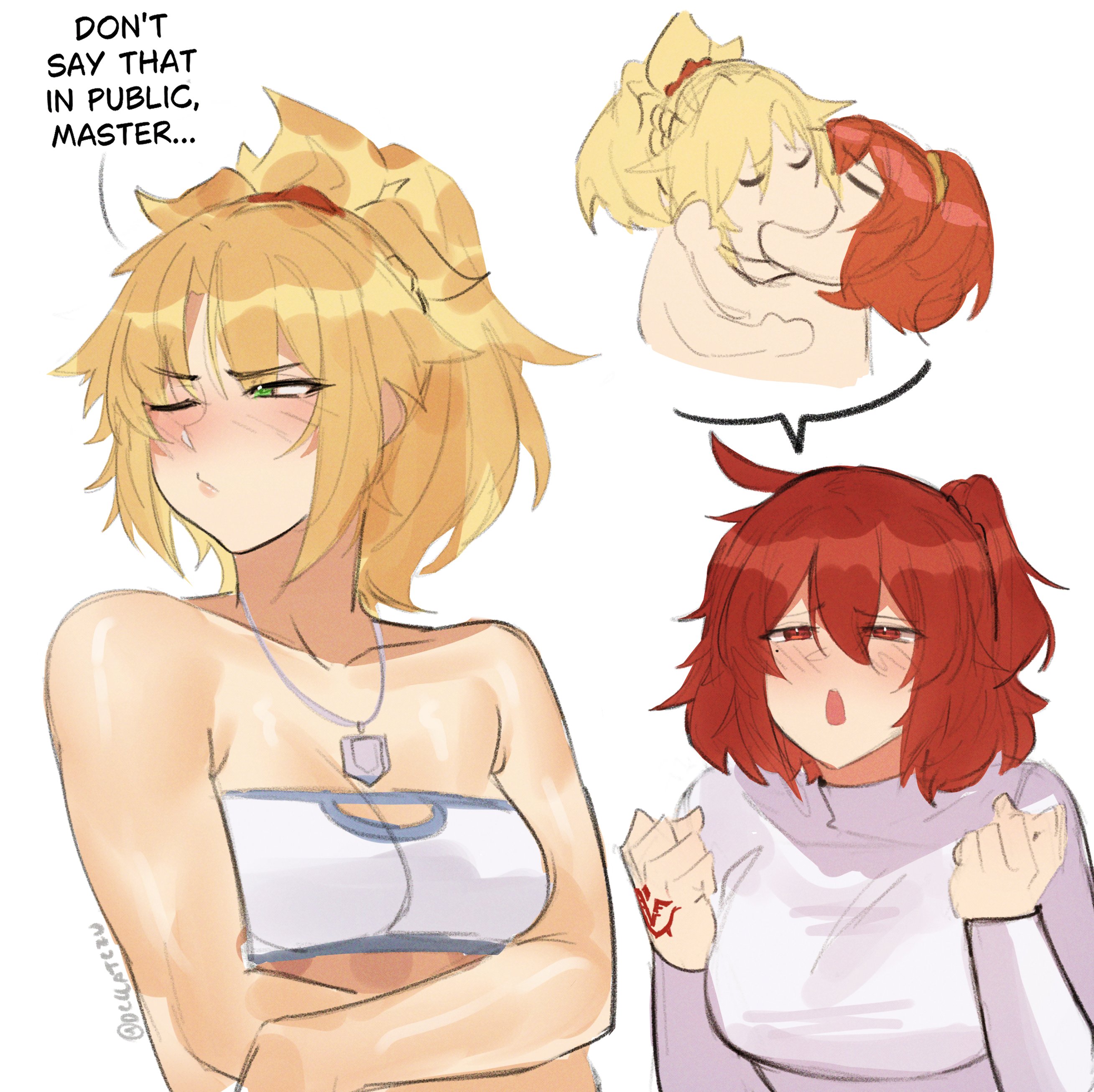 deccatezu, fujimaru ritsuka (female), mordred (fate), mordred (memories at trifas) (fate), fate/grand order, fate (series), absurdres, commentary, english commentary, highres, 2girls, blonde hair, blush, command spell, english text, green eyes, jewelry, kiss, long sleeves, mole, mole under eye, multiple girls, necklace, one side up, open mouth, ponytail, red eyes, red hair, shirt, simple background, strapless, tube top, white background, white shirt, white tube top, yuri