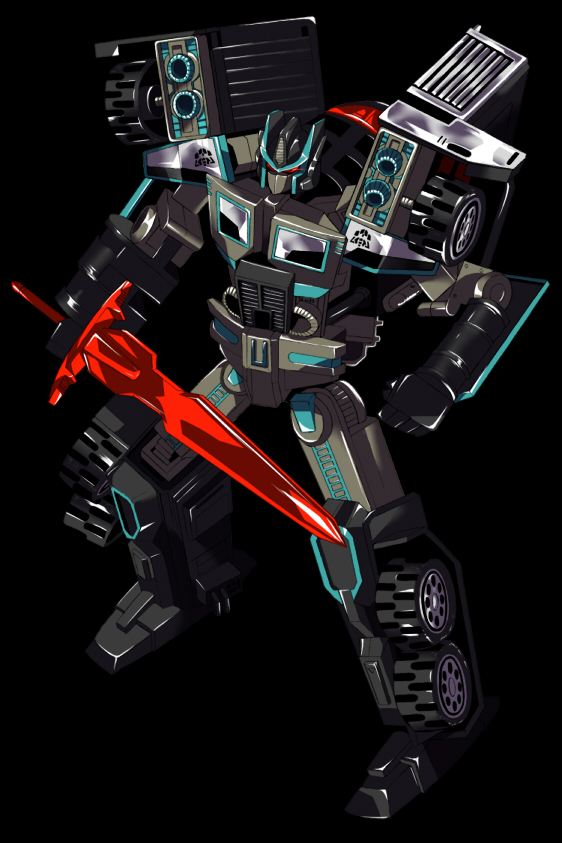 nemesis prime, transformers, transformers car robots, black background, decepticon, humanoid robot, insignia, mask, mecha, mouth mask, pix-kome, red eyes, robot, science fiction, sword, weapon, wheel