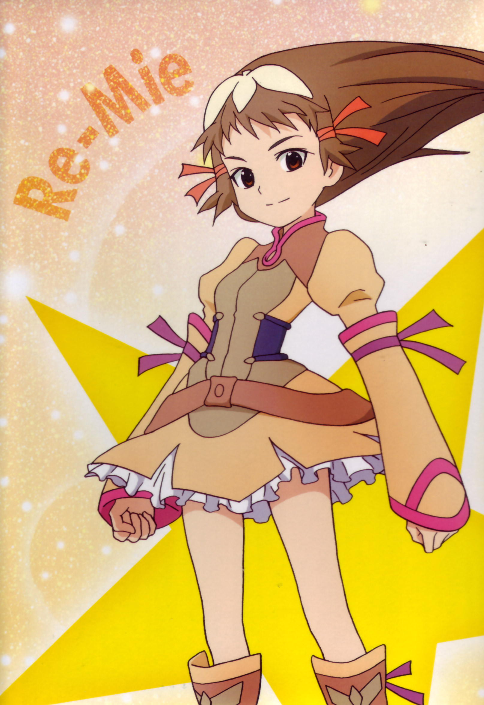 sakai kyuuta, re mii, zoids, zoids genesis, highres, official art, scan, 00s, 1girl, armband, belt, boots, brown hair, clenched hands, detached sleeves, dress, female focus, flat chest, frills, hair ornament, hair ribbon, knee boots, long hair, red eyes, ribbon, short dress, smile, solo, sparkle, standing, star (symbol), turtleneck