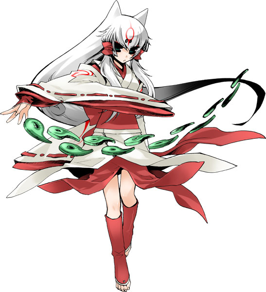 amaterasu (ookami), capcom, ookami (game), 1girl, animal ears, barefoot, female focus, full body, green eyes, hakama, hakama skirt, japanese clothes, kimono, long hair, magatama, miko, personification, red hakama, simple background, skirt, solo, tattoo, toeless legwear, toes, white hair, wolf, wolf ears