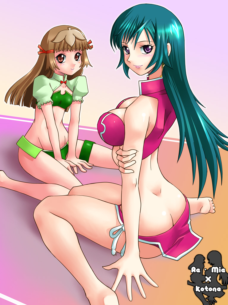 yaso shigeru, kotona elegance, re mii, zoids, zoids genesis, 00s, 2girls, age difference, aqua hair, arm support, back, bandeau, barefoot, between legs, bikini, blush, bow, breasts, brown eyes, brown hair, butt crack, character name, china dress, chinese clothes, cleavage, closed mouth, dimples of venus, dress, earrings, frills, from side, full body, gradient background, green bikini, green hair, groin, hair ornament, hair ribbon, hand between legs, jewelry, kneeling, knees together feet apart, large breasts, light smile, lipstick, long hair, makeup, multiple girls, outline, pink bikini, puffy short sleeves, puffy sleeves, purple eyes, red eyes, ribbon, short sleeves, side-tie bikini bottom, silhouette, sitting, small breasts, smile, spread legs, swimsuit, tankini, thigh strap, tress ribbon, v arms, wariza