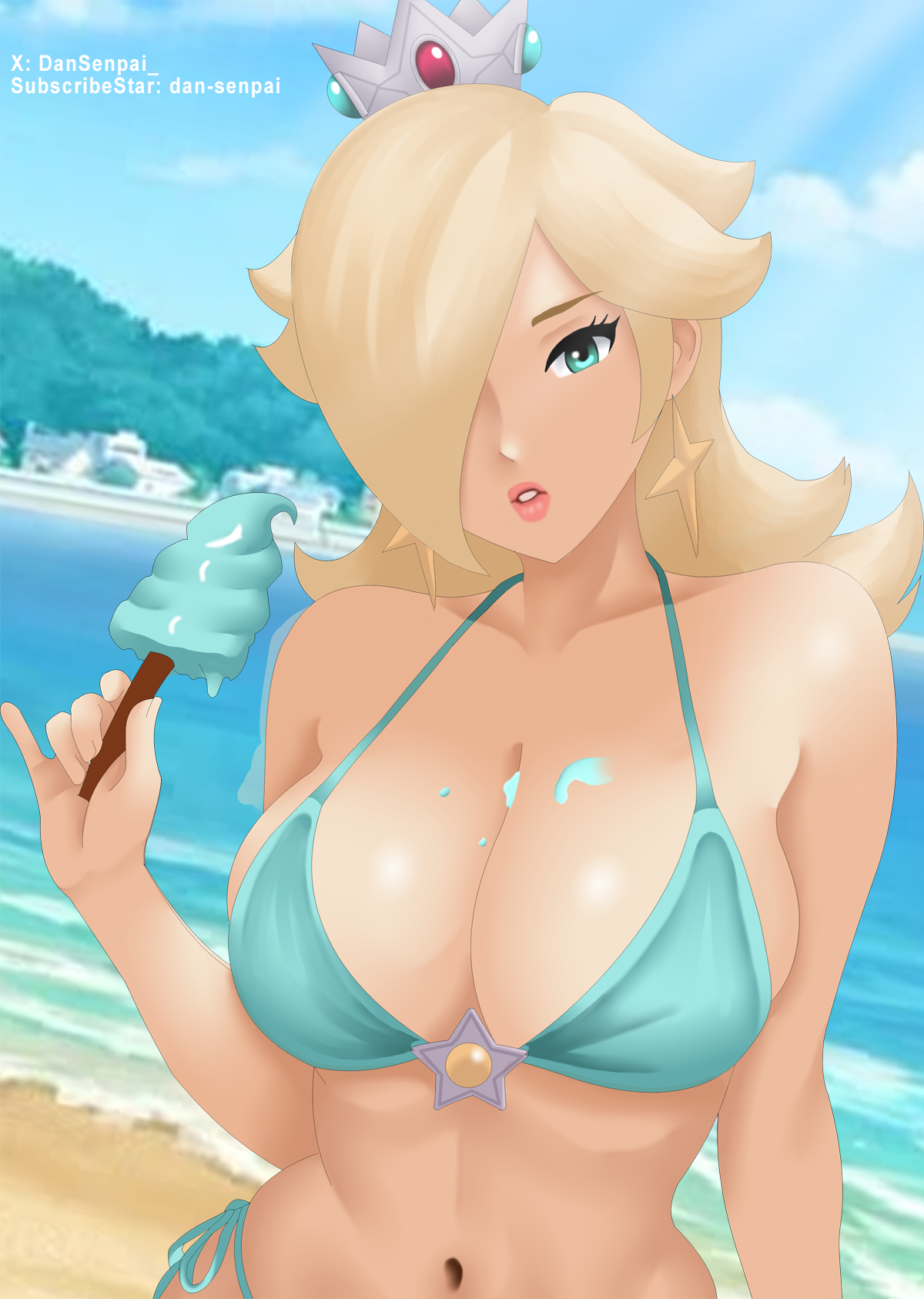 rosalina, rosalina (swimwear), mario (series), nintendo, super mario galaxy, beach, bikini, blonde hair, breasts, crown, dansenpai, food, holding food, holding ice cream, ice cream, navel, one eye covered, swimsuit