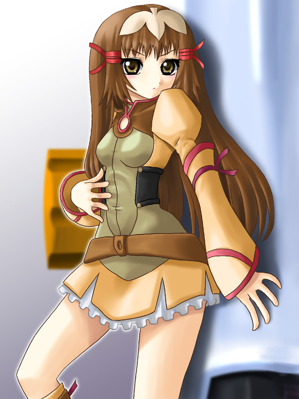 yaso shigeru, re mii, zoids, zoids genesis, 00s, 1girl, brown eyes, brown hair, dress, female focus, long hair, solo