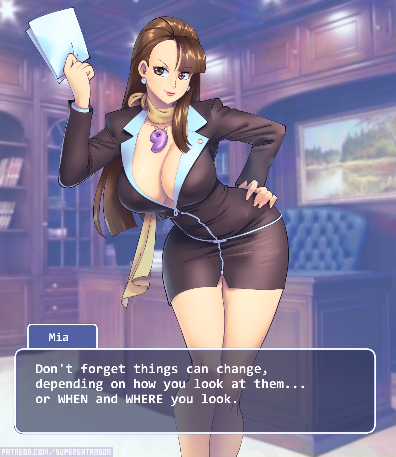 supersatanson, mia fey, ace attorney, capcom, 1girl, black jacket, black skirt, book, bookshelf, breasts, brown eyes, brown hair, brown scarf, chair, cleavage, collarbone, desk, earrings, hand on own hip, holding, holding paper, jacket, jewelry, large breasts, leaning forward, long hair, long sleeves, looking at viewer, magatama, magatama necklace, mature female, necklace, office, office lady, paper, pearl earrings, pencil skirt, picture frame, scarf, skirt, smile, standing, wide hips