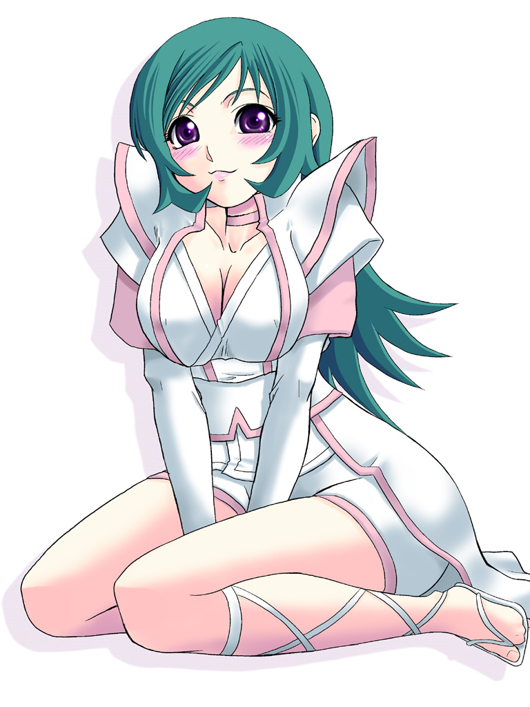 yaso shigeru, kotona elegance, zoids, zoids genesis, 00s, 1girl, breasts, breasts squeezed together, dress, female focus, green hair, large breasts, long hair, looking at viewer, purple eyes, solo