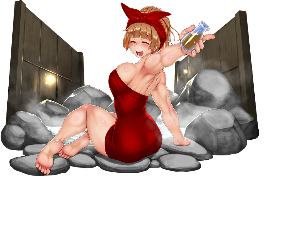 gochou (kedama), rean (sennen sensou aigis), sennen sensou aigis, official art, 1girl, :d, ass, barefoot, blush, bottle, brown hair, facing viewer, hairband, holding, holding bottle, medium hair, onsen, open mouth, red hairband, sitting, smile, solo, sweat
