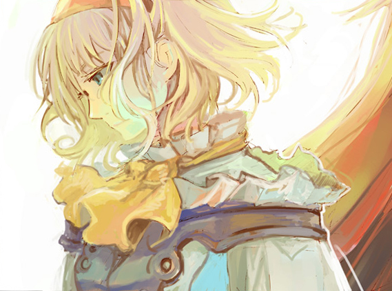 mooche, asch (tales), natalia luzu kimlasca lanvaldear, tales of (series), tales of the abyss, 00s, 1girl, ascot, blonde hair, female focus, green eyes, hairband, long hair, orange ascot, red hair, short hair, solo