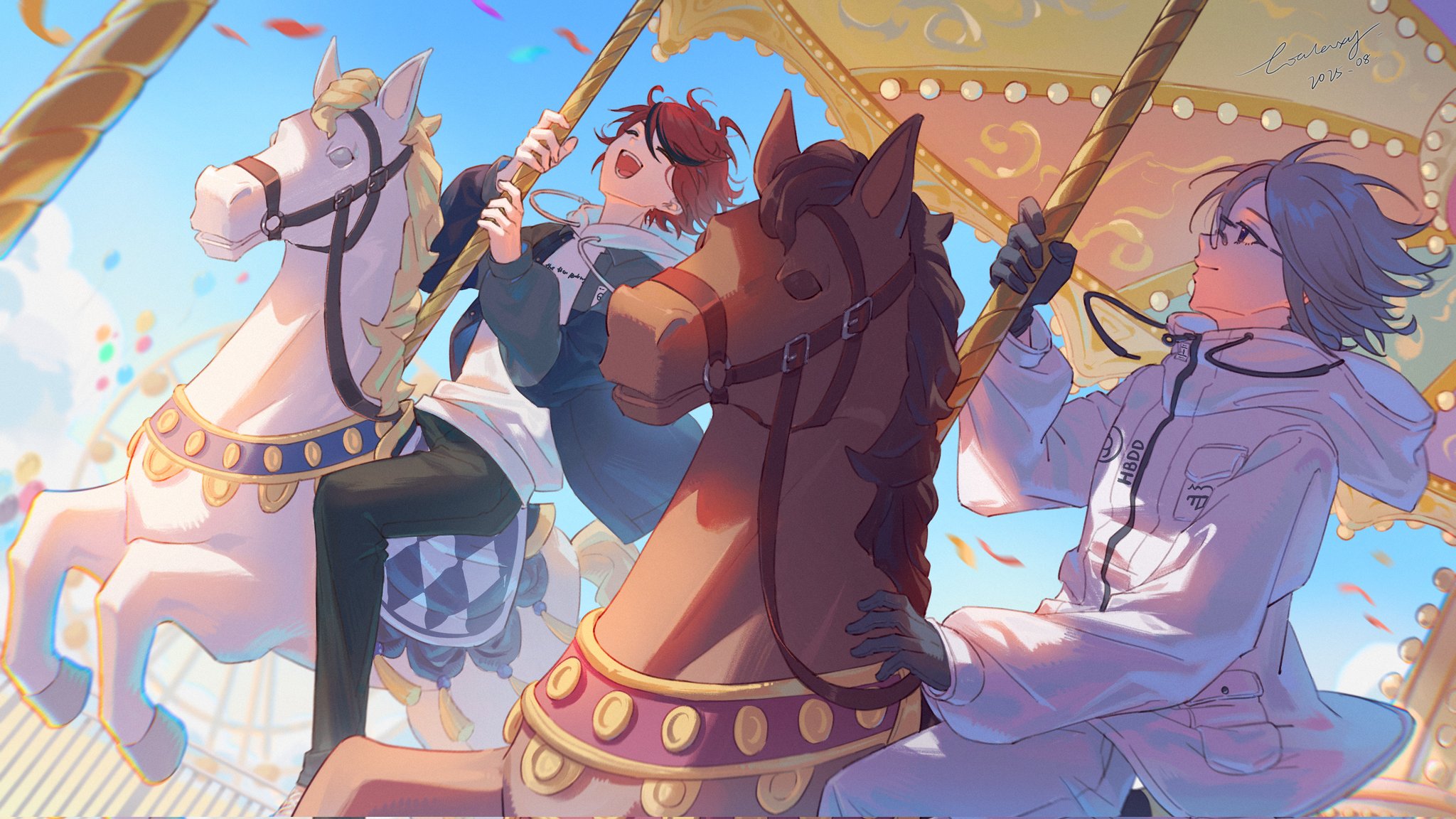 box galaxy, aotsuki eito, sumino takumi, the hundred line -last defense academy-, commentary, highres, symbol-only commentary, 2boys, :d, ahoge, amusement park, balloon, black gloves, black pants, black streaks, breast pocket, carousel, closed eyes, dutch angle, ferris wheel, glasses, gloves, grey hair, grey jacket, holding, holding pole, hood, hooded jacket, hoodie, horse, jacket, jacket over hoodie, looking ahead, male focus, multicolored hair, multiple boys, open clothes, open jacket, open mouth, pants, pocket, pole, purple eyes, red hair, short hair, smile, streaked hair, white hoodie, white horse, white jacket, white pants
