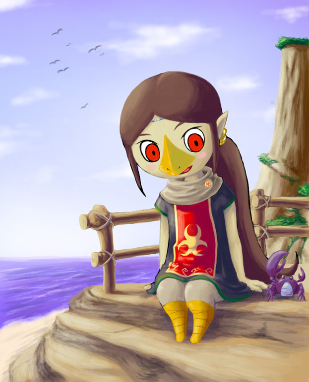 azuma doguu, medli, nintendo, the legend of zelda, the legend of zelda: the wind waker, 1girl, beak, bird, brown hair, crab, crustacean, day, female focus, monster girl, ocean, outdoors, pointy ears, ponytail, red eyes, rito, seagull, sitting, sky, solo