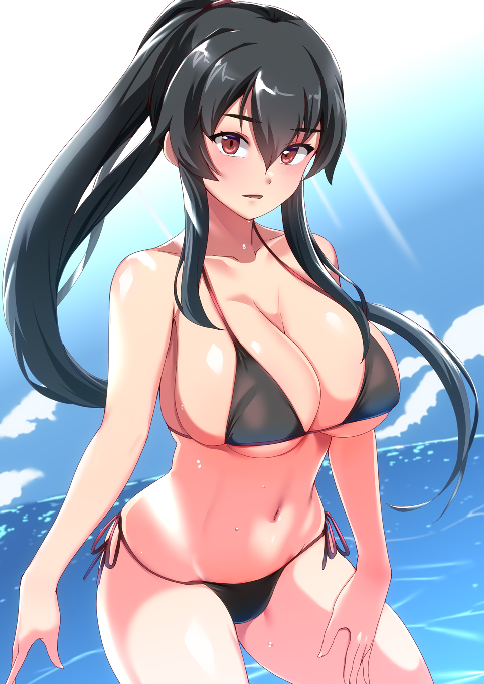 tirasi (so), yahagi (kancolle), kantai collection, commentary request, highres, 1girl, bikini, black bikini, black hair, breasts, horizon, large breasts, long hair, looking at viewer, ocean, ponytail, red eyes, side-tie bikini bottom, sidelocks, solo, swimsuit, water