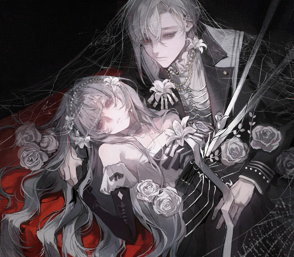 zhishiwan, original, 1boy, 1girl, ascot, breasts, chiaroscuro, cleavage, curtained hair, detached sleeves, dress, from above, grey hair, hair over one eye, half-closed eyes, headband, high collar, holding hands, indoors, jacket, jewelry, leaning forward, long hair, looking down, lying, medium breasts, medium hair, monochrome, necklace, on back, parted bangs, parted lips, pearl necklace, red eyes, sad, serious, spot color, upper body, very long hair, vignetting, wavy hair