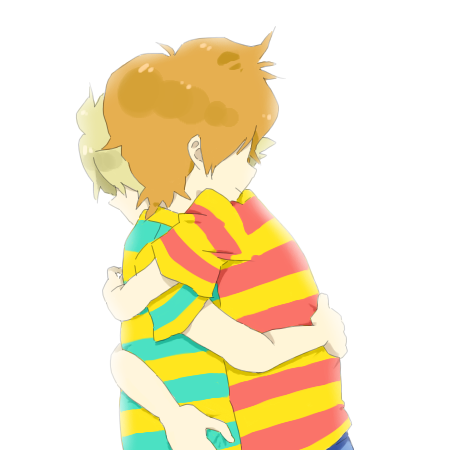 claus (mother 3), lucas (mother 3), mother (series), mother 3, nintendo, lowres, 2boys, blonde hair, hug, male focus, multiple boys, orange hair, shirt, siblings, striped clothes, striped shirt, twins