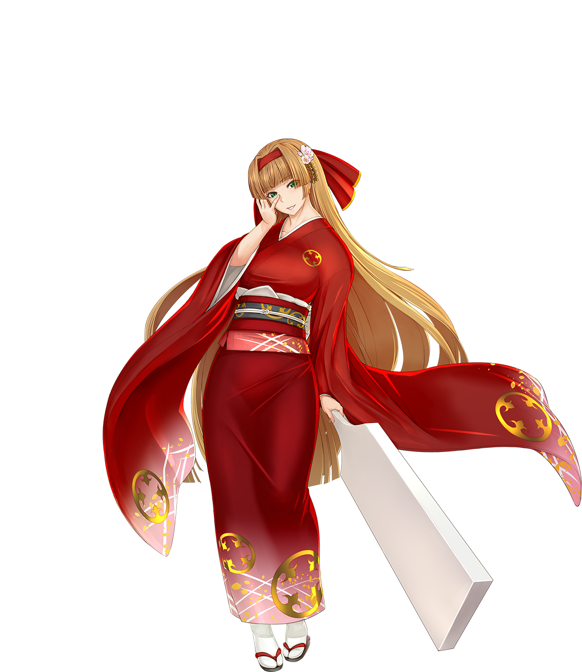 gochou (kedama), rean (sennen sensou aigis), sennen sensou aigis, highres, official art, 1girl, blunt bangs, brown hair, flower, full body, green eyes, hair flower, hair ornament, hairband, japanese clothes, kimono, long hair, obi, paddle, red hairband, red kimono, sandals, sash, socks, solo, standing, white socks