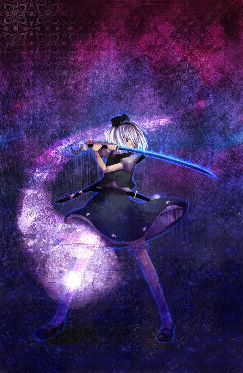 toriumi itachi, konpaku youmu, konpaku youmu (ghost), touhou, bad id, bad pixiv id, highres, 1girl, blue eyes, female focus, hairband, hitodama, katana, short hair, solo, sword, weapon, white hair
