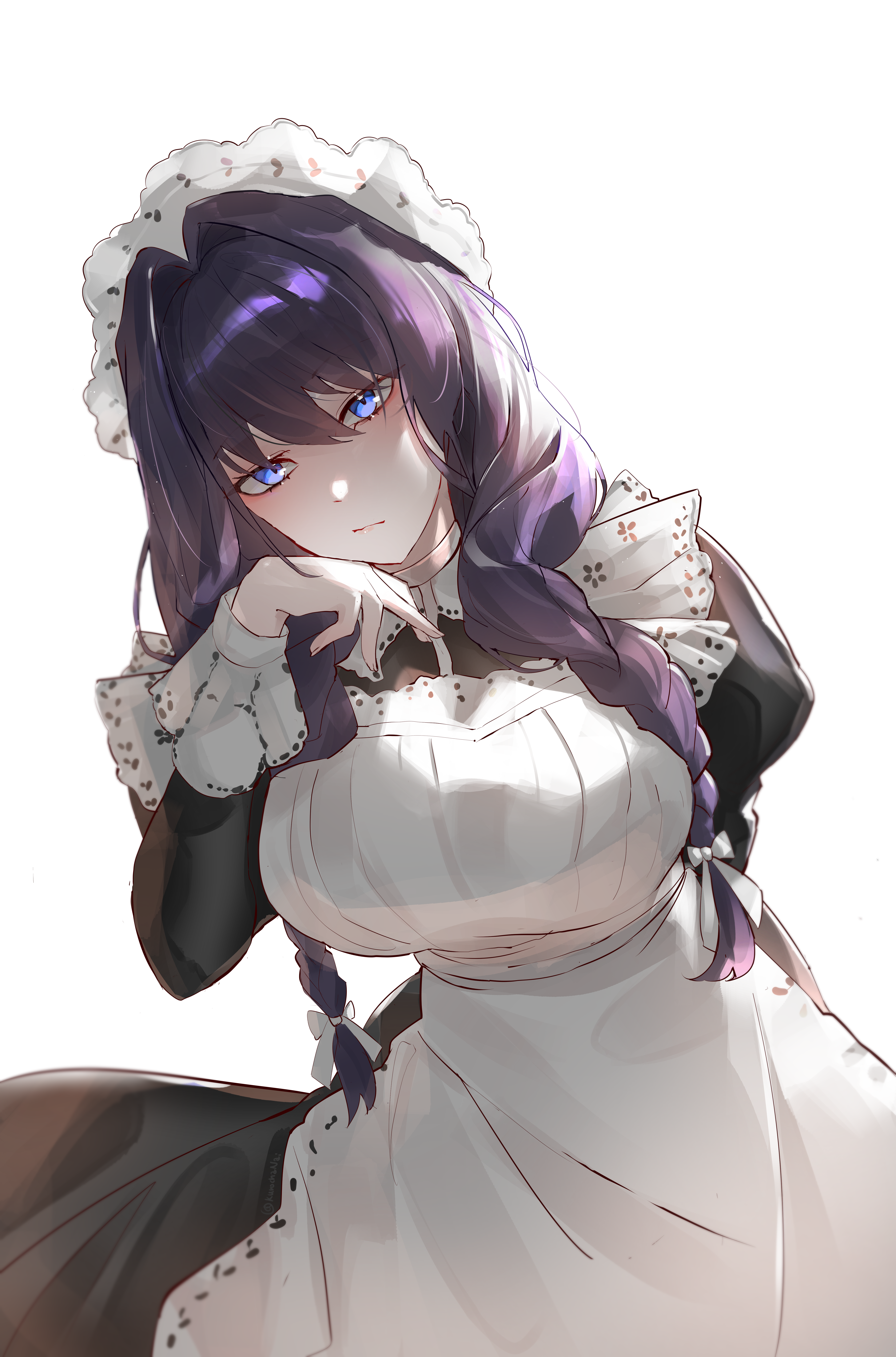kurochanai, ouro kronii, ouro kronii (maid), hololive, hololive english, absurdres, highres, 1girl, apron, black dress, blue eyes, blue hair, braid, breasts, dress, hair between eyes, hair intakes, hair ribbon, hand on own face, lana haulia, large breasts, long hair, looking at viewer, maid, maid apron, maid headdress, mina haulia, nea haulia, ribbon, solo, twin braids, virtual youtuber, white background