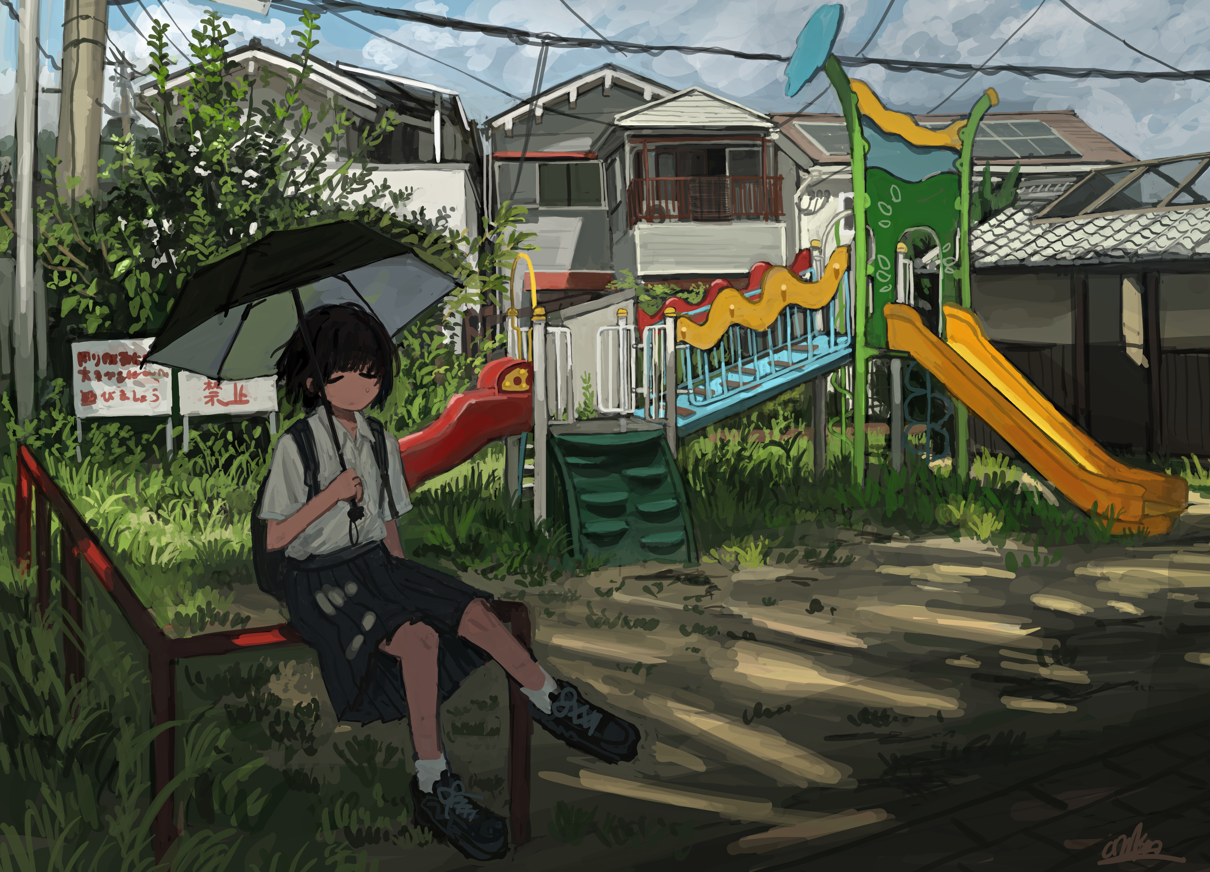 anko1127, original, absurdres, commentary request, highres, 1girl, backpack, bag, black bag, black hair, black shoes, black skirt, black umbrella, building, closed eyes, closed mouth, cloud, cloudy sky, collared shirt, day, grass, holding, holding umbrella, house, on railing, outdoors, playground, pleated skirt, power lines, railing, scenery, school uniform, shirt, shoes, short hair, short sleeves, sign, sitting, sitting on fence, skirt, sky, slide, socks, umbrella, vegetation, white shirt, white socks