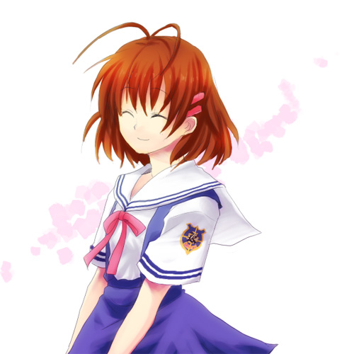 furukawa nagisa, clannad, bad id, bad pixiv id, lowres, 00s, antenna hair, brown hair, closed eyes, school uniform, short hair, smile, solo