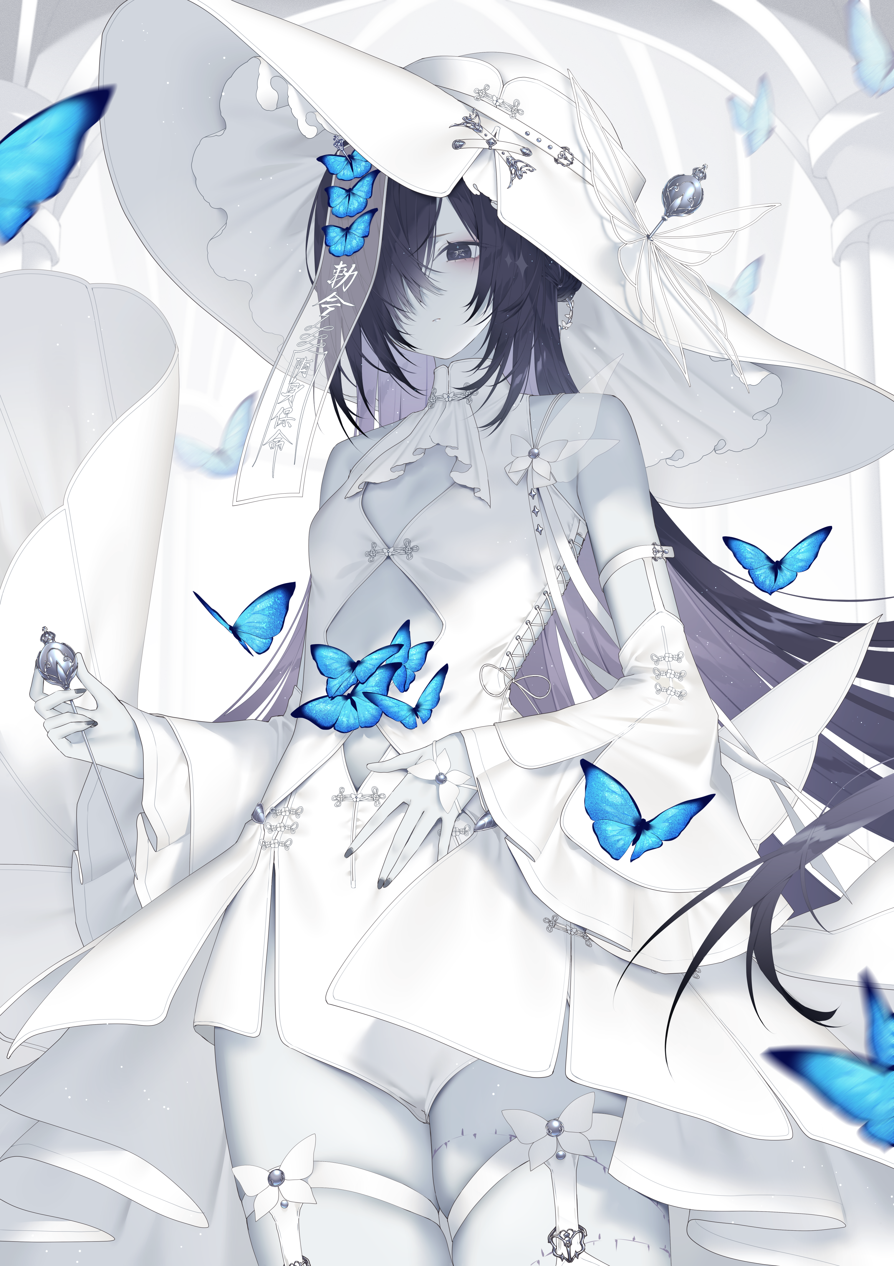 kotarou (kot mochi), original, absurdres, highres, 1girl, bare shoulders, black eyes, black hair, black nails, blue butterfly, breasts, bug, butterfly, butterfly hair ornament, closed mouth, clothing cutout, colored skin, cowboy shot, cross-laced clothes, cross-laced dress, detached sleeves, diamond cutout, dress, grey skin, hair ornament, hair over one eye, hat, hat belt, insect, legwear garter, long hair, long sleeves, nail polish, ofuda, one eye covered, sleeveless, sleeveless dress, small breasts, solo, standing, text in eyes, very long hair, white dress, white hat, white sleeves, wide sleeves
