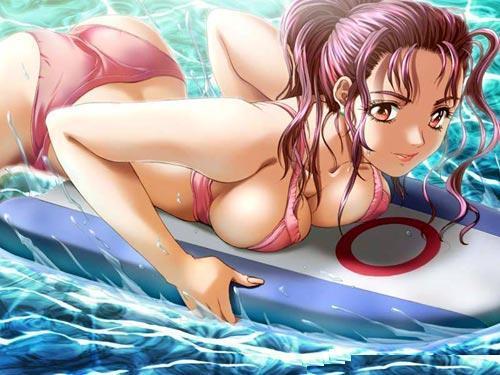 nakamura nishiki, ijichi miho, sodom no shima: night of blind, game cg, lowres, 1girl, ass, beach, bikini, breast press, breasts, cleavage, earrings, jewelry, kickboard, large breasts, lipstick, long hair, lying, makeup, ocean, on stomach, outdoors, pink eyes, pink hair, ponytail, purple hair, smile, solo, splashing, surfboard, surfing, swimsuit, water