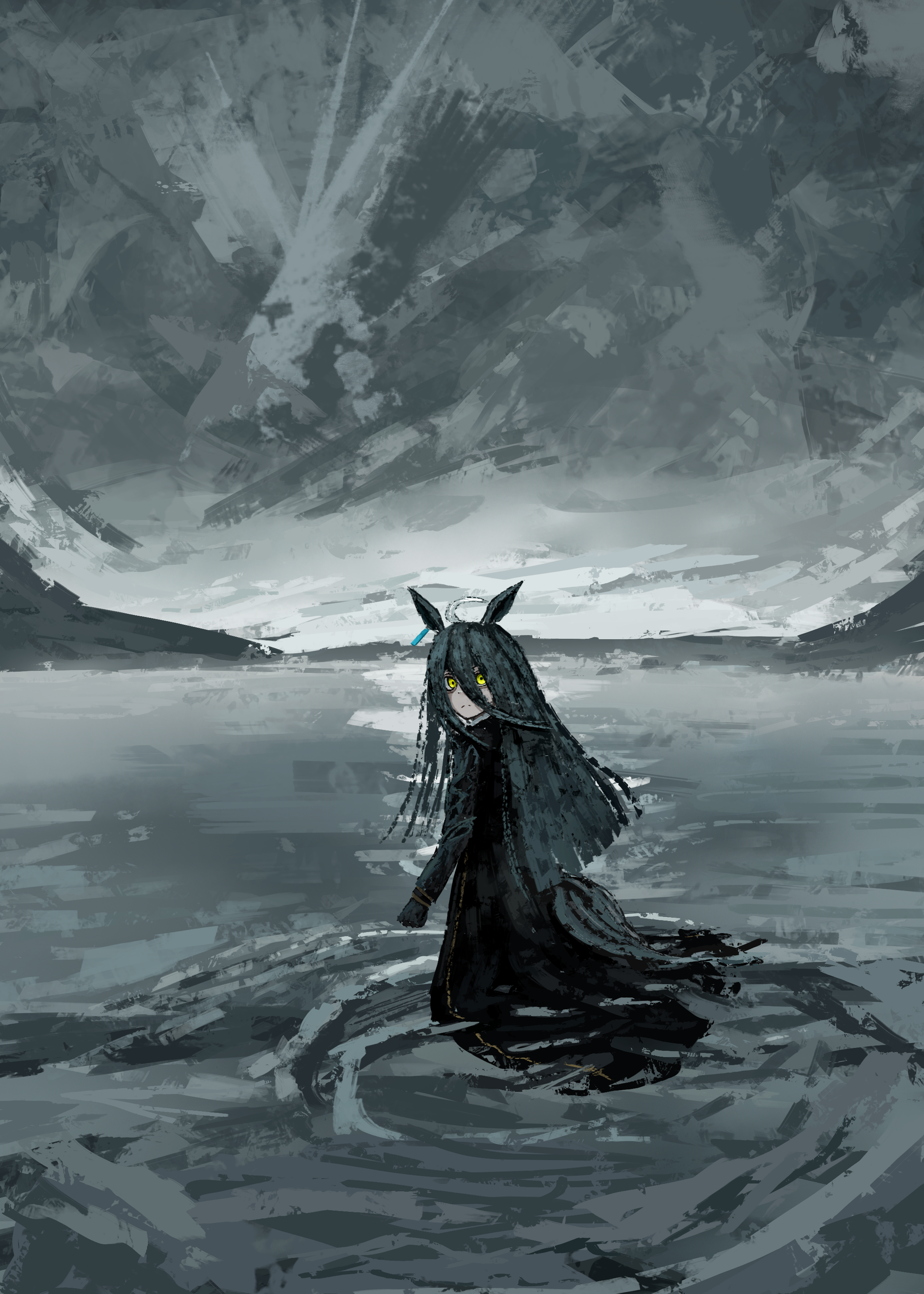 thefatum, manhattan cafe (umamusume), umamusume, absurdres, highres, 1girl, ahoge, animal ears, black coat, black gloves, black hair, closed mouth, cloud, cloudy sky, coat, ear ornament, ear tag, fjord, frown, gloves, hair between eyes, horse ears, horse girl, horse tail, jewelry, long bangs, long hair, long hair between eyes, long sleeves, looking at viewer, multicolored hair, outdoors, ripples, sky, solo, split mouth, standing, tail, very long hair, wading, white hair, yellow eyes