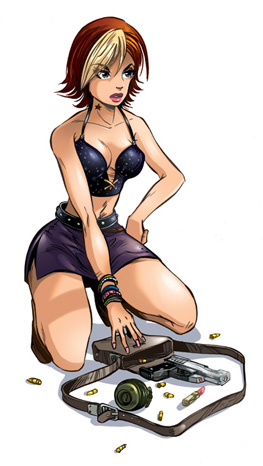joanna dark, microsoft, perfect dark, rareware, lowres, bag, blue eyes, bomb, bracelet, bullet, explosive, grenade, gun, hand on own hip, hip focus, jewelry, kneeling, lipstick, makeup, miniskirt, multicolored hair, satchel, simple background, skirt, tank top, tattoo, two-tone hair, weapon