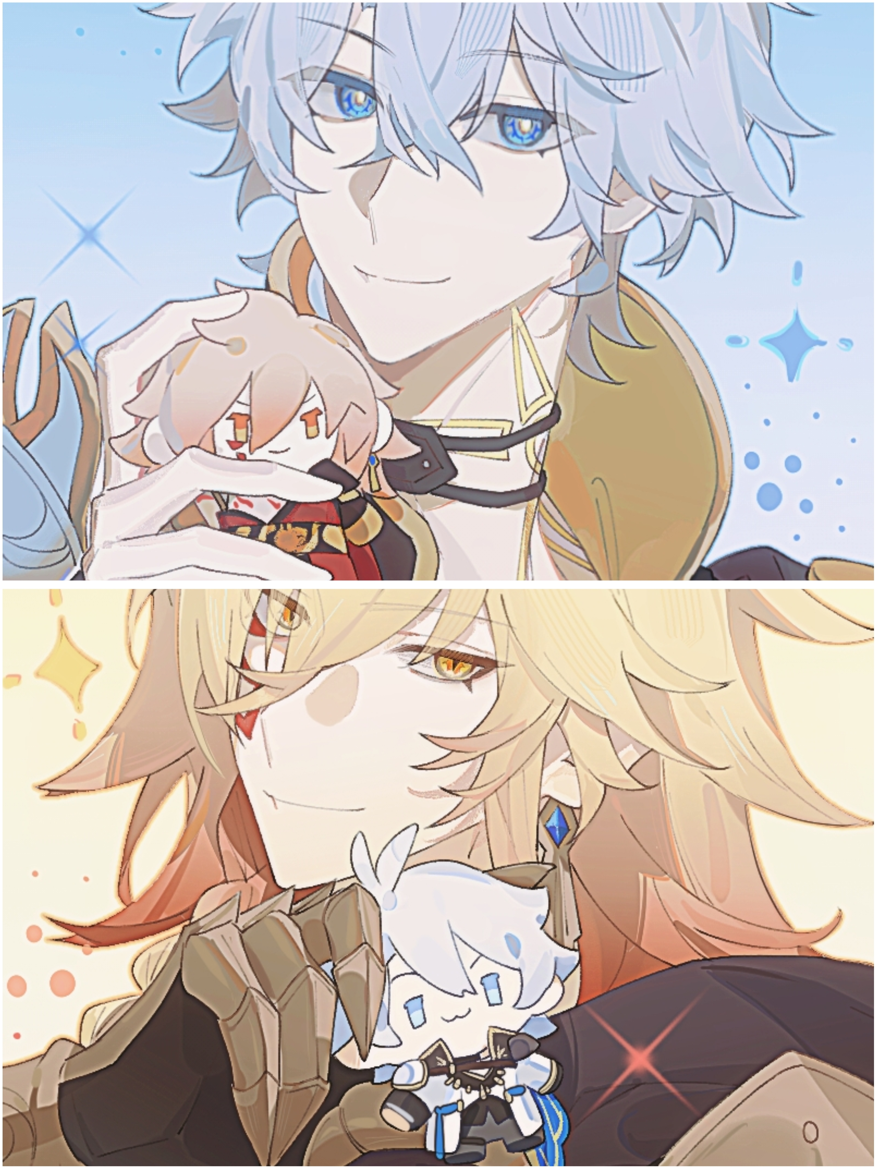 mydei (honkai: star rail), phainon (honkai: star rail), honkai: star rail, honkai (series), absurdres, chinese commentary, commentary request, highres, 2boys, antenna hair, armor, black choker, black coat, black shirt, blonde hair, blue eyes, braid, character doll, choker, clawed gauntlets, coat, doll, earrings, facial tattoo, gold earrings, gradient hair, holding, holding doll, jewelry, male focus, medium hair, multicolored hair, multiple boys, neck tattoo, parted bangs, pauldrons, red hair, red tattoo, shifuchaogecai, shirt, short hair, shoulder armor, side braid, single pauldron, sun symbol, sun tattoo, tan, tattoo, white hair, yellow eyes