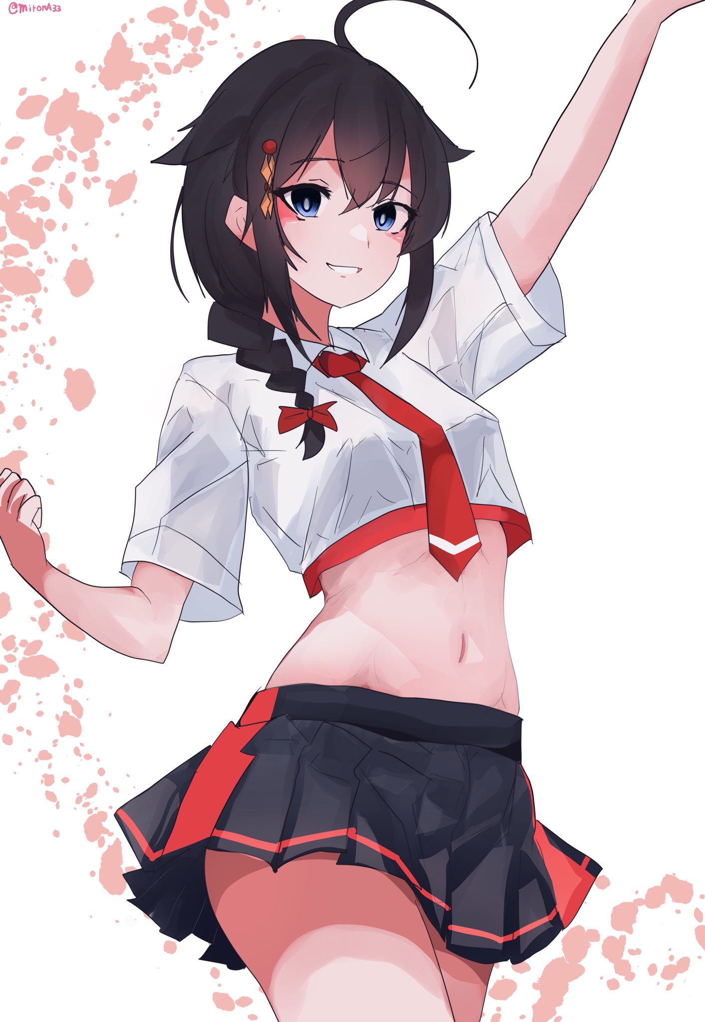 miron (mirona33), shigure (kancolle), shigure kai san (kancolle), kantai collection, highres, 1girl, adapted costume, arm up, black hair, black skirt, blue eyes, braid, collared shirt, cowboy shot, crop top, dress shirt, hair between eyes, hair flaps, hair over shoulder, long hair, looking at viewer, midriff, necktie, red necktie, shirt, single braid, skirt, solo, white shirt