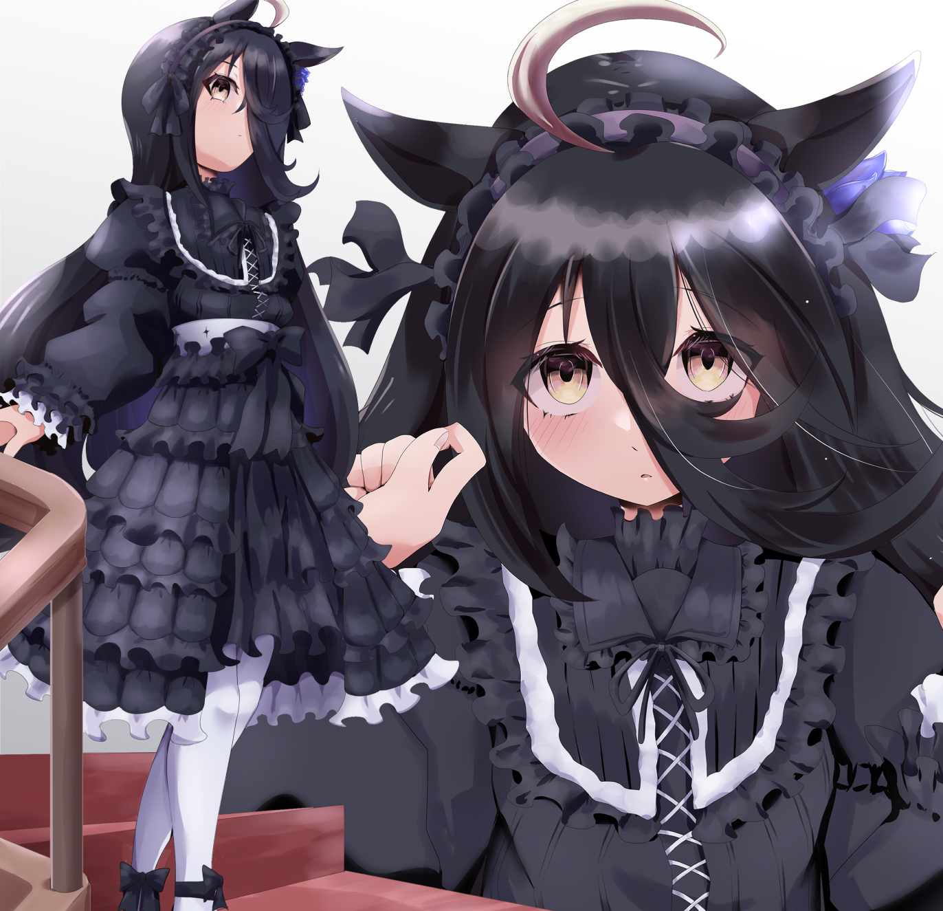 01 leesuke, manhattan cafe (umamusume), umamusume, highres, 1girl, ahoge, alternate costume, animal ears, black dress, black headdress, black shoes, blush, collar, collared dress, dress, frilled collar, frilled dress, frills, hair between eyes, hand on railing, hand up, horse ears, horse girl, layered dress, lolita fashion, long hair between eyes, long sleeves, multicolored hair, panties, parted lips, railing, ribbon, shoes, stairs, standing, underwear, white hair, white panties, yellow eyes, yellow ribbon