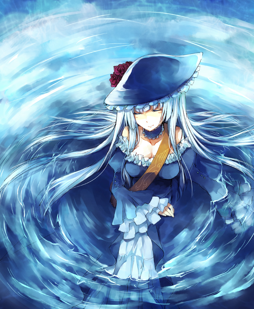 suzushiro kurumi, virgilia (umineko), umineko no naku koro ni, highres, 00s, blue hair, choker, closed eyes, frills, hat, hime cut, long hair, solo, water