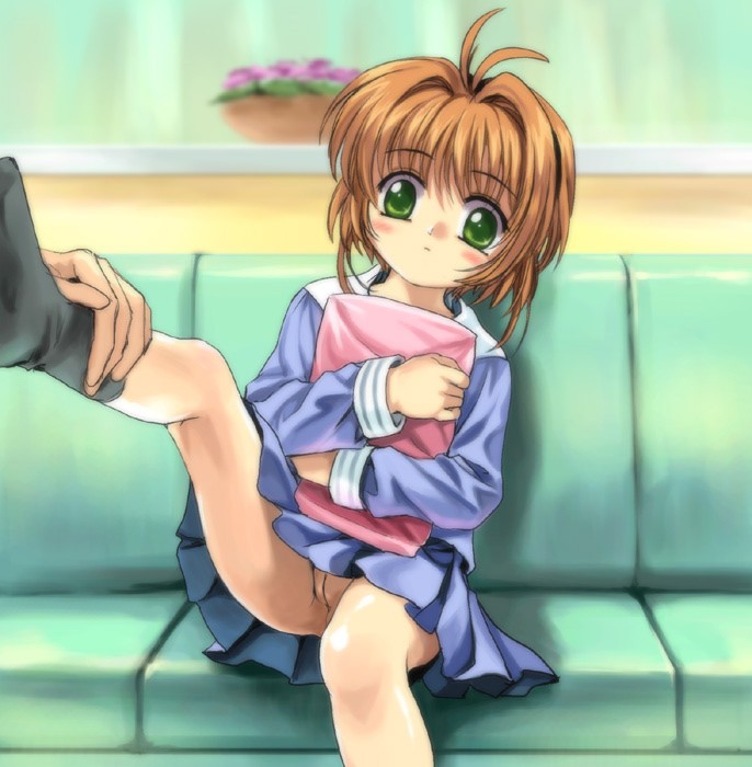 mutsuki (moonknives), kinomoto sakura, cardcaptor sakura, kodansha, third-party edit, 1990s (style), 1girl, blush, brown hair, cleft of venus, dress, female focus, green eyes, loli, male hand, no panties, pussy, retro artstyle, sailor dress, short hair, socks, solo, solo focus, uncensored, upskirt