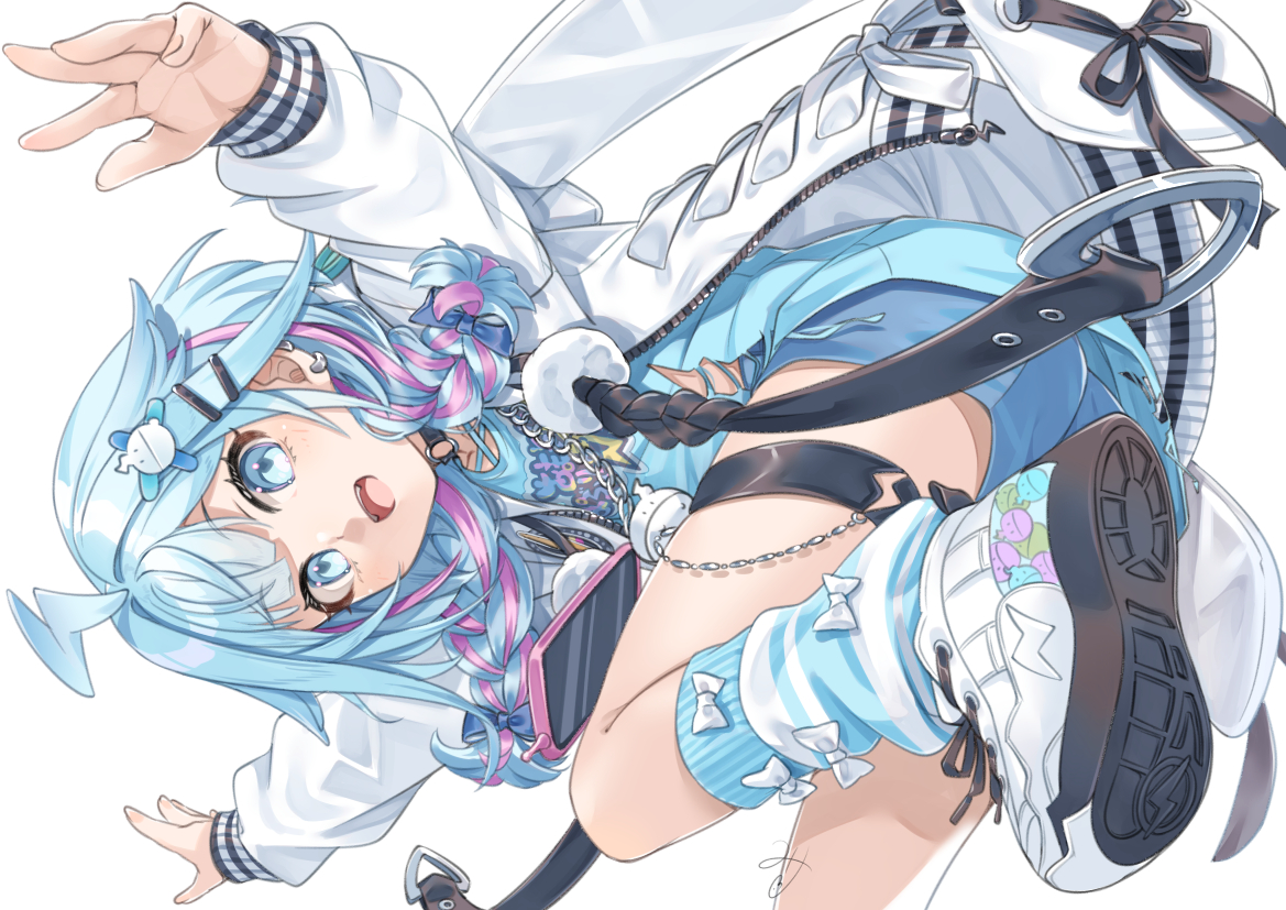 miri (ago550421), mizumiya su, hololive, hololive dev is, commentary request, 1girl, :d, ahoge, black choker, blue eyes, blue hair, blue shirt, blue shorts, blue socks, blunt bangs, braid, choker, colored shoe soles, hair flaps, jacket, lightning ahoge, long hair, looking at viewer, loose socks, low twin braids, multicolored hair, o-ring, o-ring choker, open mouth, pink hair, shirt, shoes, short shorts, shorts, simple background, smile, sneakers, socks, solo, streaked hair, striped clothes, striped socks, teeth, thigh strap, torn clothes, torn shirt, twin braids, upper teeth only, virtual youtuber, white background, white jacket, white shoes