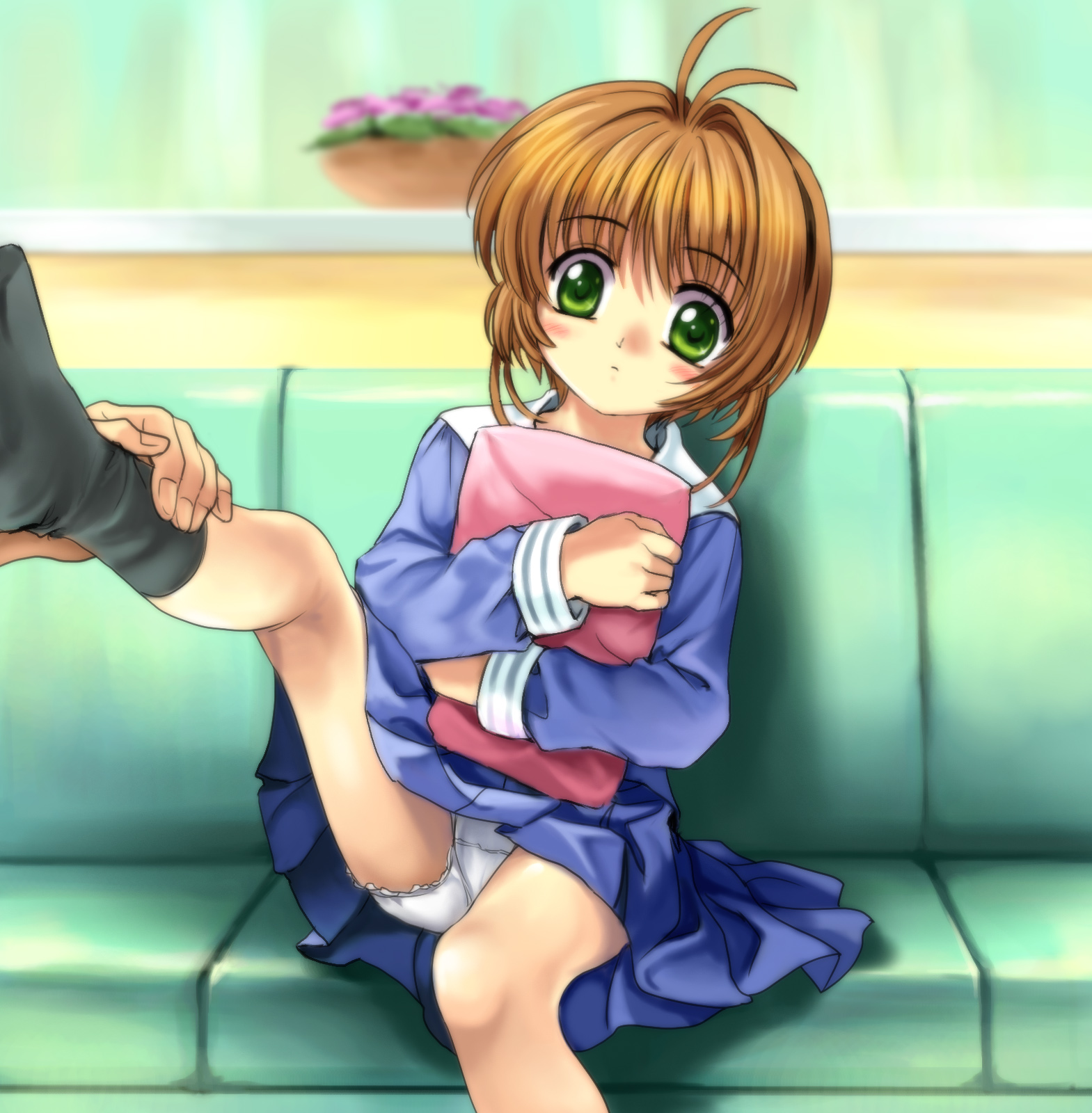 mutsuki (moonknives), kinomoto sakura, cardcaptor sakura, kodansha, highres, 1990s (style), 1girl, brown hair, dress, female focus, green eyes, panties, pantyshot, retro artstyle, sailor dress, short hair, socks, solo, solo focus, underwear, upskirt, white panties