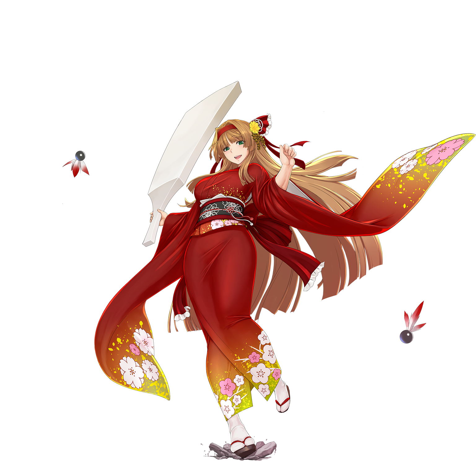 gochou (kedama), rean (sennen sensou aigis), sennen sensou aigis, highres, official art, 1girl, :d, awakening (sennen sensou aigis), brown hair, floral print, flower, full body, green eyes, hair flower, hair ornament, hand up, holding, holding paddle, japanese clothes, kimono, long hair, obi, open mouth, paddle, red kimono, sandals, sash, smile, socks, solo, standing, very long hair, white socks