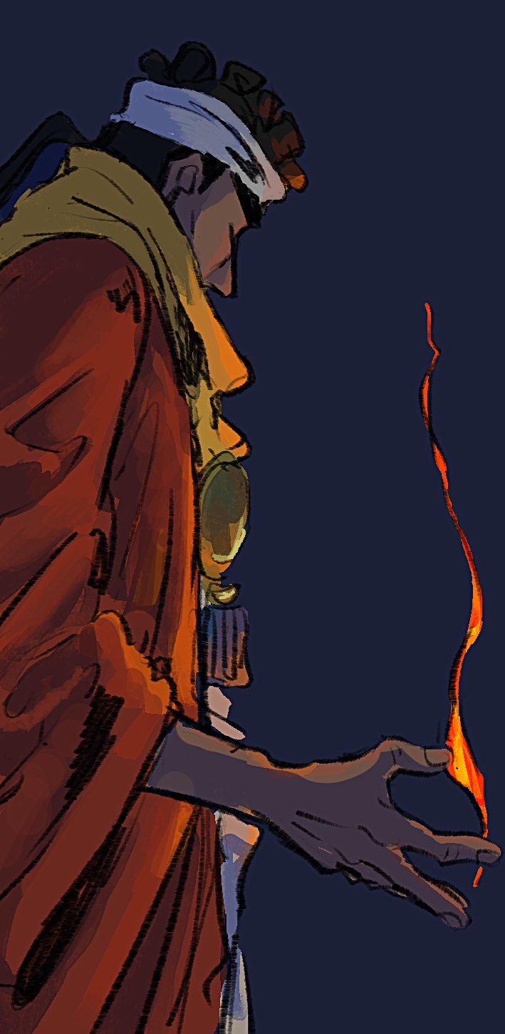 kebe6p, mohammed avdol, jojo no kimyou na bouken, stardust crusaders, highres, 1boy, black hair, blue background, dark-skinned male, dark skin, fingernails, fire, from side, headband, jewelry, long sleeves, necklace, pants, ponytail, red robe, robe, scarf, short hair, simple background, sketch, solo, white pants, yellow scarf