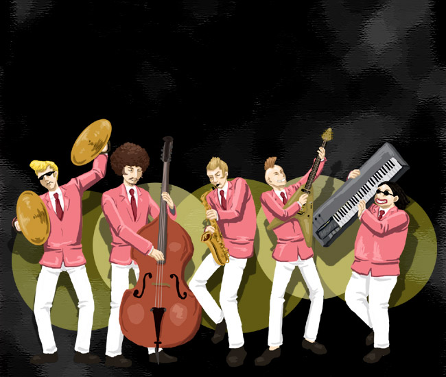 batch, dcmc, duster (mother), magic (mother), oj, shimmy zmizz, mother (series), mother 3, nintendo, 5boys, afro, bass guitar, beard, black hair, blonde hair, brown hair, cymbals, double bass, facial hair, formal clothes, glasses, guitar, instrument, keyboard, keyboard (instrument), male focus, multiple boys, mustache, saxophone, suit, sunglasses, synthesizer