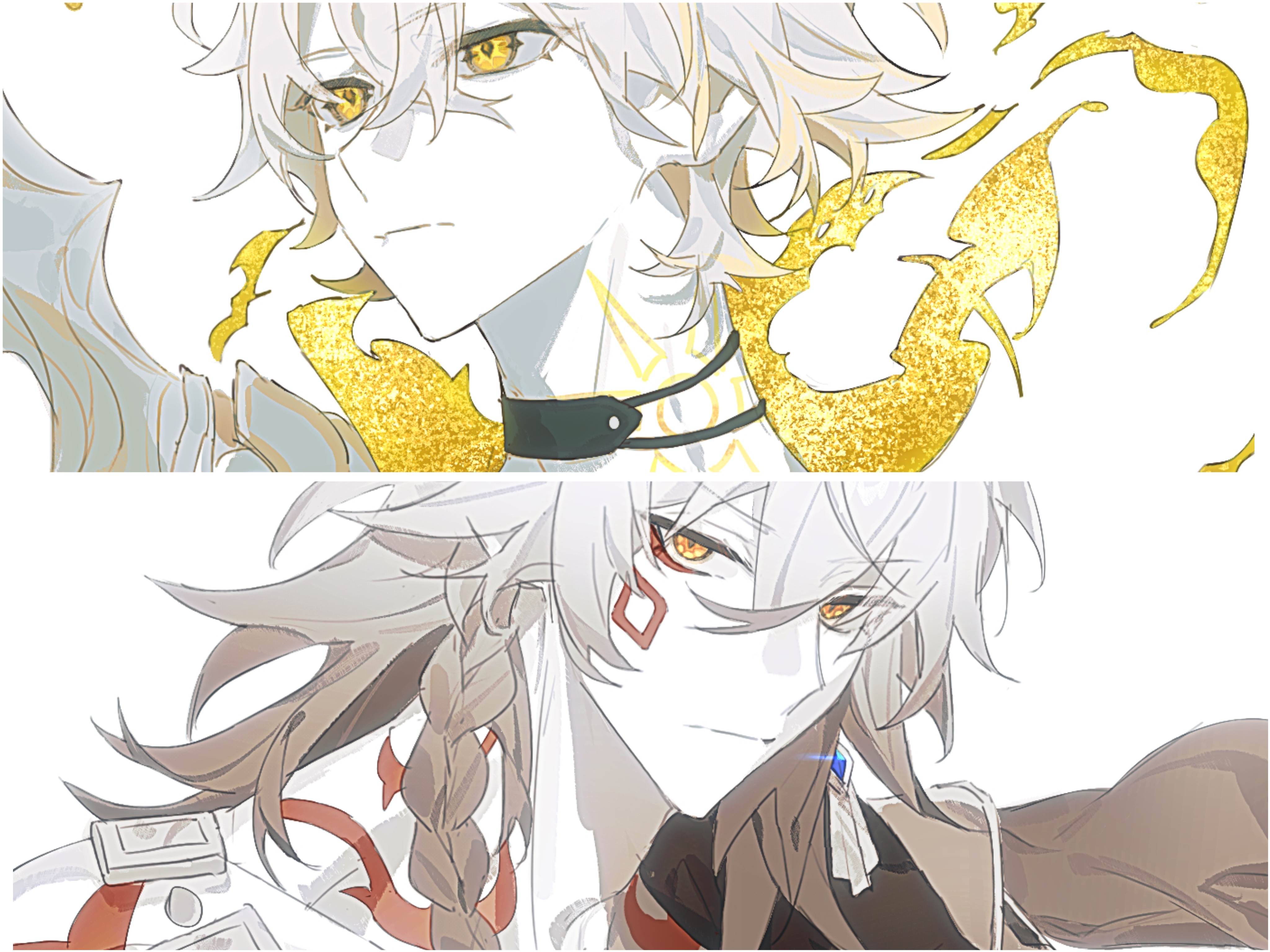 mydei (honkai: star rail), phainon (honkai: star rail), honkai: star rail, honkai (series), absurdres, chinese commentary, commentary request, highres, 2boys, antenna hair, arm tattoo, black choker, black coat, blonde hair, braid, choker, coat, facial tattoo, gradient hair, male focus, medium hair, multicolored hair, multiple boys, neck tattoo, open clothes, open coat, parted bangs, red hair, red tattoo, shifuchaogecai, short hair, side braid, simple background, sun symbol, sun tattoo, tan, tattoo, white background, white hair, yellow eyes