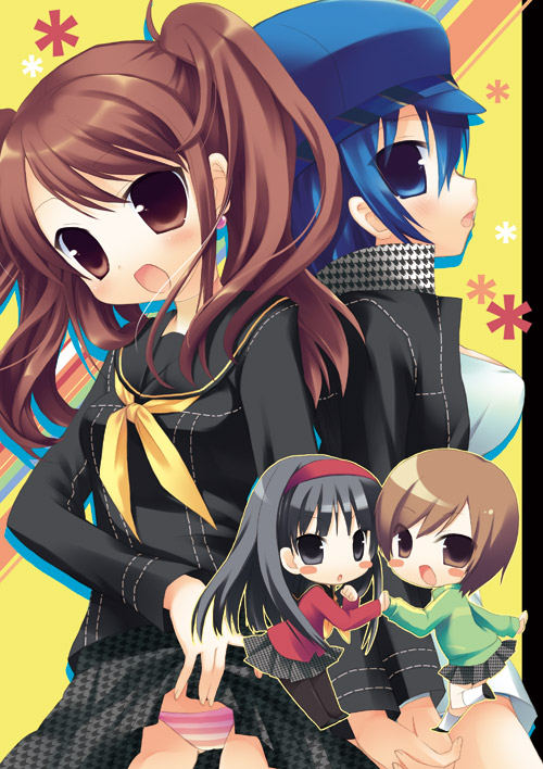 sazaki ichiri, amagi yukiko, kujikawa rise, satonaka chie, shirogane naoto, atlus, persona, persona 4, bad id, bad pixiv id, back-to-back, chibi, clothes lift, hairband, hat, long hair, newsboy cap, panties, pantyhose, school uniform, short hair, skirt, skirt lift, striped clothes, striped panties, twintails, underwear