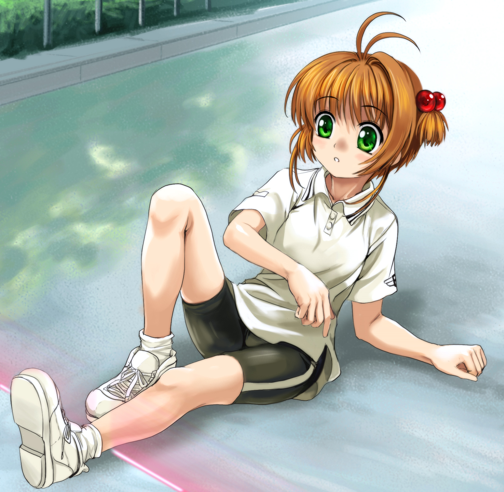 mutsuki (moonknives), clow card, kinomoto sakura, loop (clow card), cardcaptor sakura, kodansha, highres, 1990s (style), 1girl, antenna hair, bike shorts, brown hair, child, female focus, green eyes, gym uniform, hair bobbles, hair ornament, lying, polo shirt, retro artstyle, shoes, short hair, shorts, sneakers, socks, solo