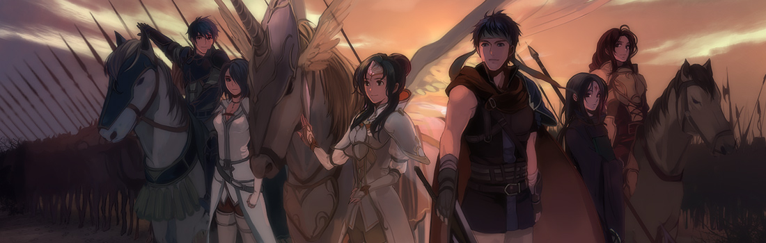 hanakago, elincia ridell crimea, elincia ridell crimea (undaunted queen), geoffrey (fire emblem), ike (fire emblem), lucia (fire emblem), soren (fire emblem), titania (fire emblem), fire emblem, fire emblem: path of radiance, fire emblem: radiant dawn, nintendo, pegasus knight uniform (fire emblem), 3boys, 3girls, armor, barding, black hair, blue eyes, blue hair, cape, gloves, green hair, headband, horse, multiple boys, multiple girls, pauldrons, pegasus, polearm, red eyes, red hair, short hair, shoulder armor, smile, spear, sword, weapon