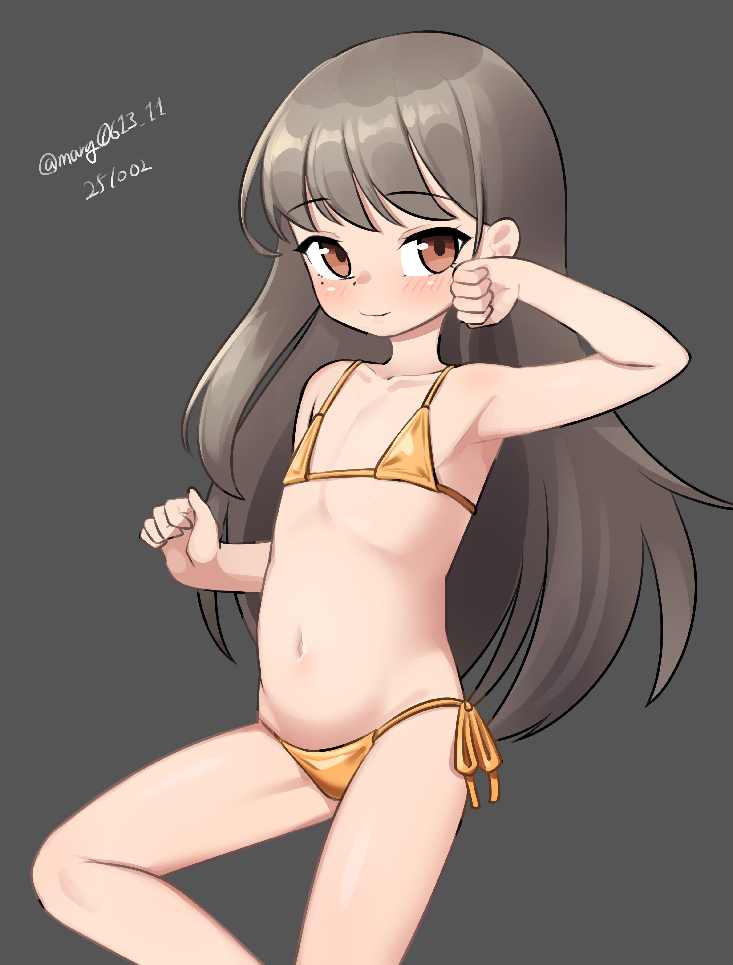 maru (marg0613), hayashio (kancolle), kantai collection, absurdres, highres, 1girl, aged down, bikini, black hair, brown eyes, dated, feet out of frame, flat chest, gold bikini, long hair, looking at viewer, mole, mole under eye, one-hour drawing challenge, side-tie bikini bottom, smile, solo, swimsuit, twitter username