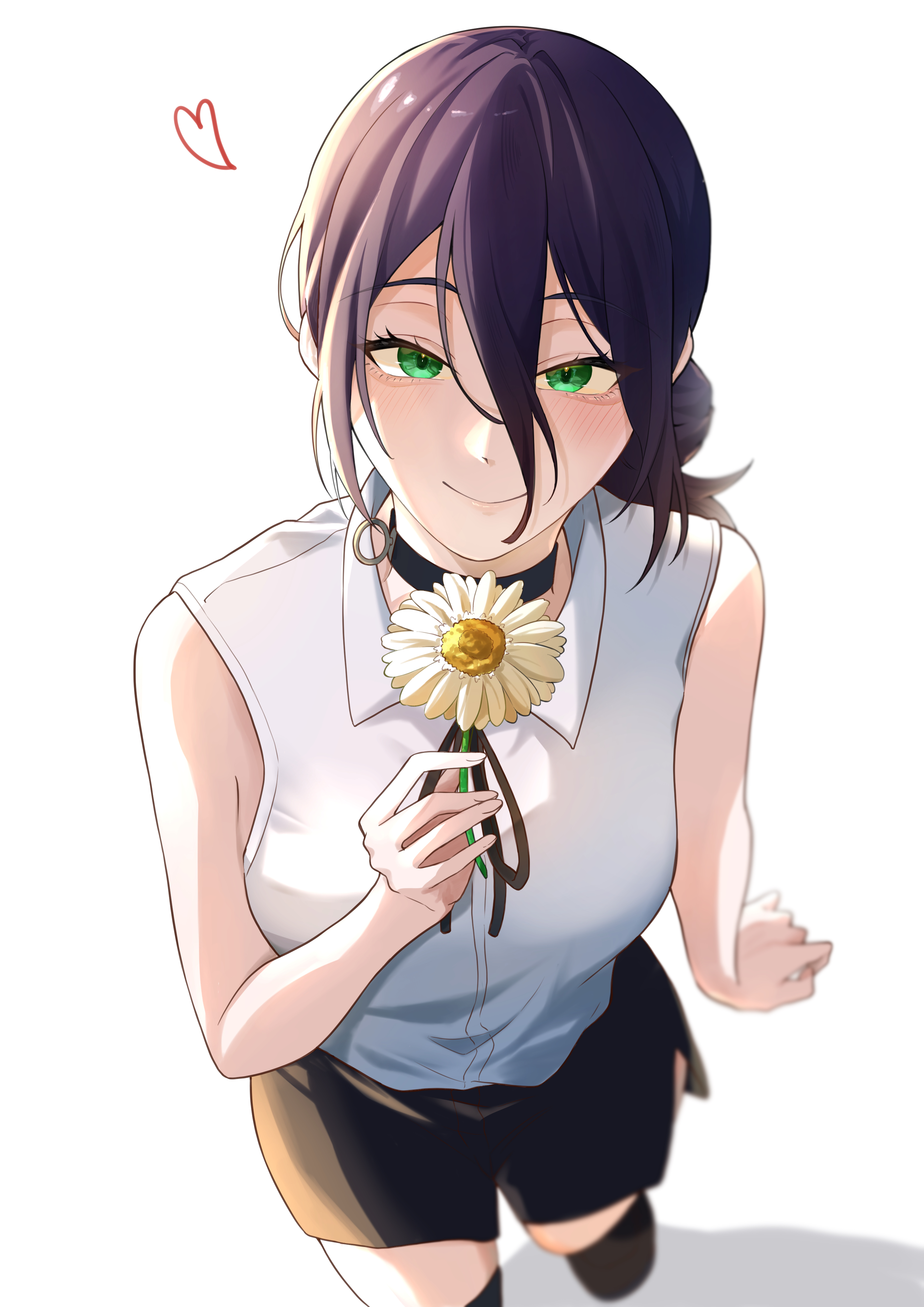 light (lightpicture33), reze (chainsaw man), chainsaw man, absurdres, commentary request, highres, 1girl, black choker, black ribbon, black skirt, blush, choker, closed mouth, collared shirt, daisy (flower), flower, green eyes, grenade pin, hair between eyes, hair bun, heart, holding, holding flower, long hair between eyes, looking at viewer, medium hair, neck ribbon, pencil skirt, ribbon, shirt, simple background, skirt, sleeveless, sleeveless shirt, solo, standing, white background, white flower