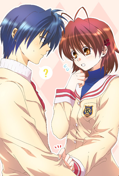 ikuhashi muiko, furukawa nagisa, okazaki tomoya, clannad, 00s, antenna hair, blue hair, brown eyes, brown hair, school uniform, short hair