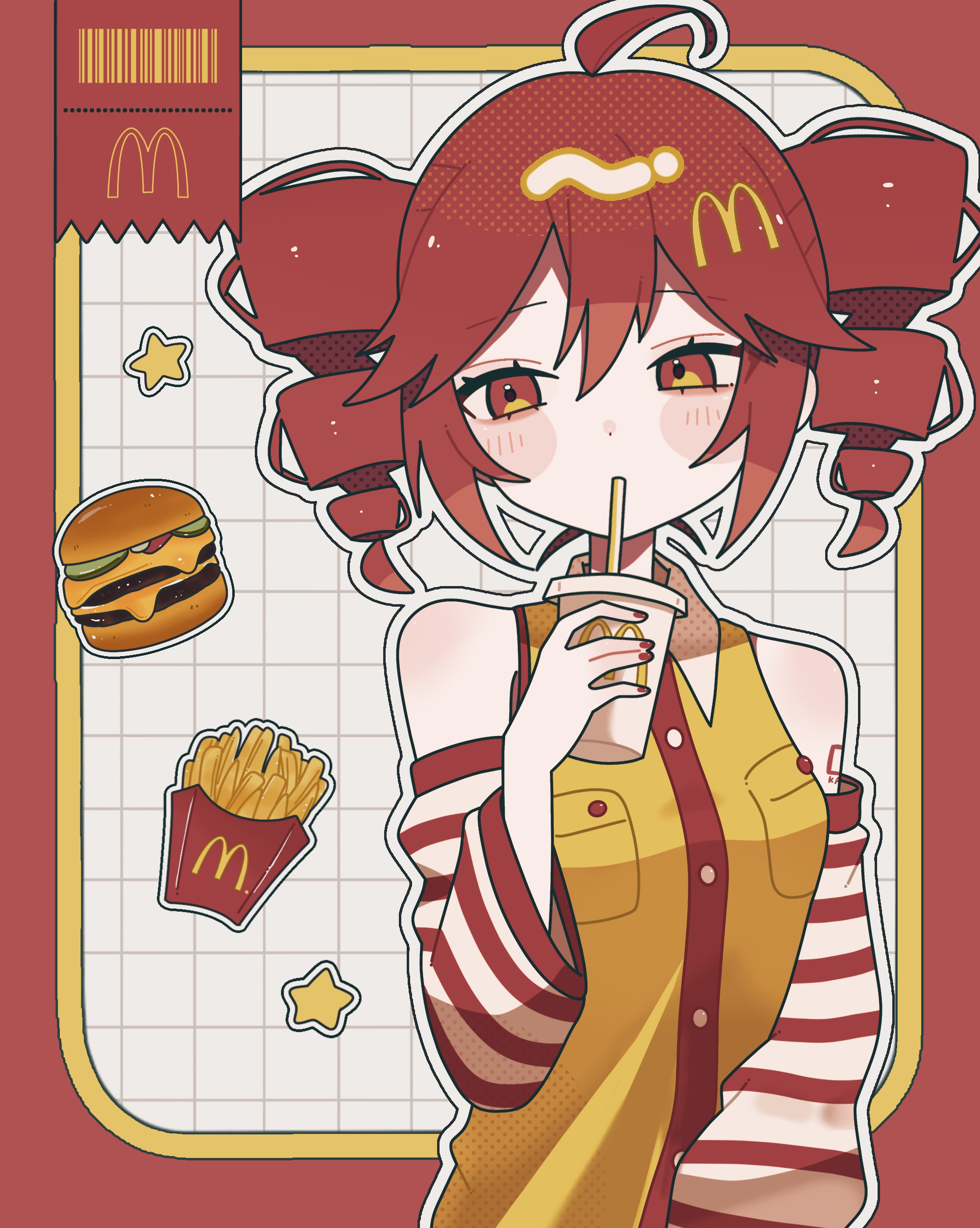 okayu (cwtv7823), kasane teto, mcdonald's, utau, absurdres, commentary, highres, 1girl, ahoge, bare shoulders, blush stickers, border, burger, buttons, collared shirt, contrast collar, cup, detached sleeves, disposable cup, double-parted bangs, drill hair, drinking, drinking straw, food, french fries, grid background, holding, holding cup, long sleeves, outside border, red border, red eyes, red hair, red sleeves, shirt, short hair, sleeveless, sleeveless shirt, solo, striped sleeves, twin drills, upper body, white background, yellow shirt