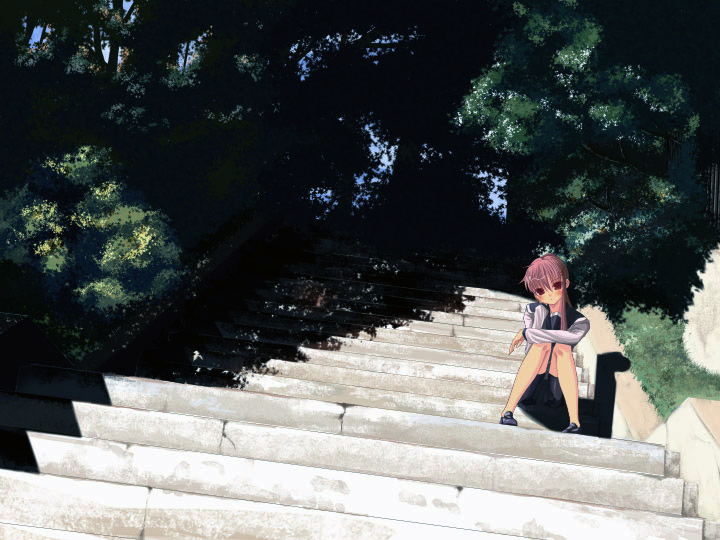 yada ei, original, bad id, bad pixiv id, 1girl, bike shorts, female focus, head rest, long hair, looking at viewer, pink hair, school uniform, sitting, solo, stairs