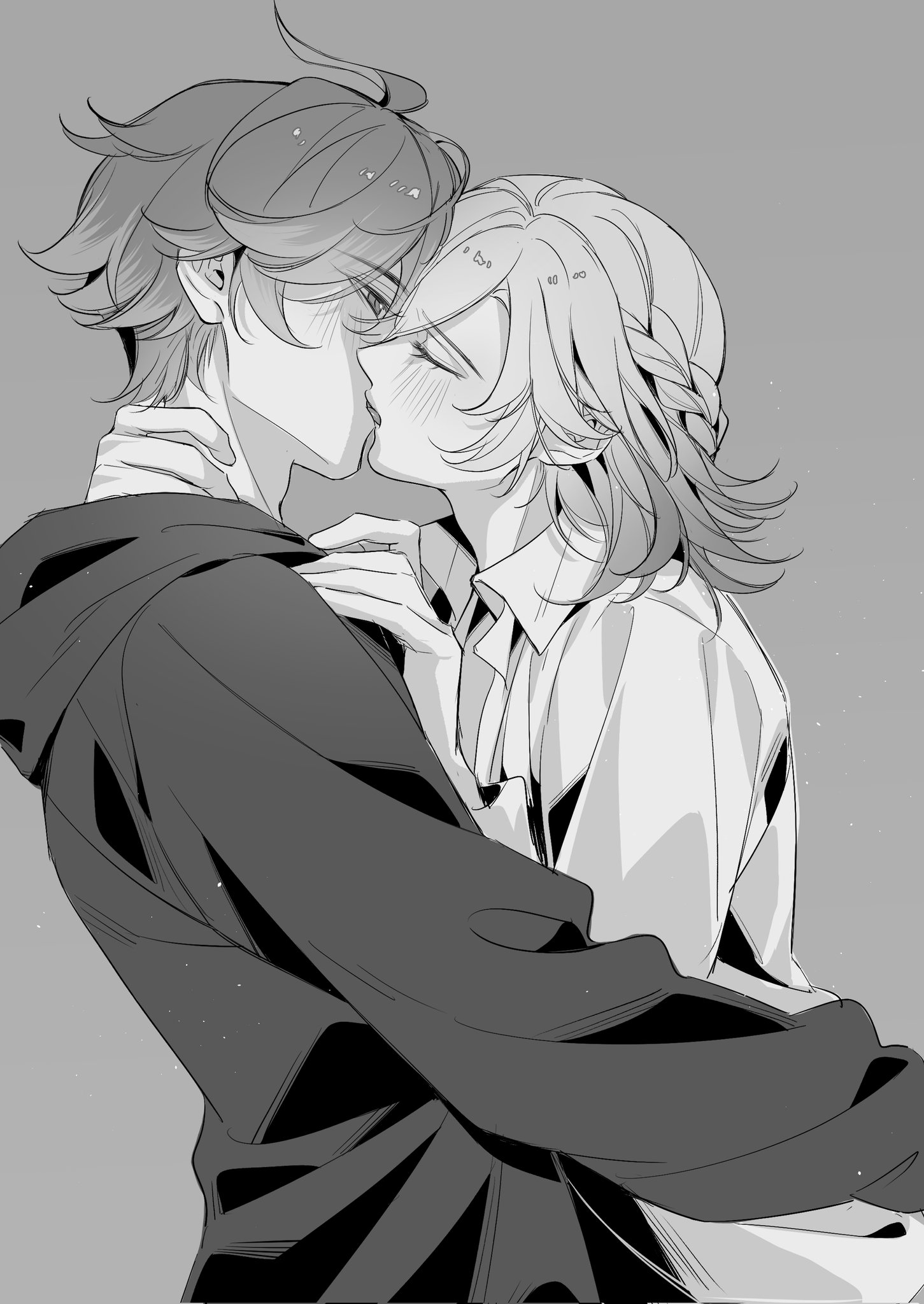 alhaitham (genshin impact), kaveh (genshin impact), genshin impact, commentary, hashtag-only commentary, highres, 2boys, adam's apple, ahoge, arms up, braid, collared shirt, cowboy shot, french kiss, grey background, greyscale, hand on another's neck, hood, hood down, hoodie, kiss, long sleeves, looking at another, male focus, mars68010833, medium hair, monochrome, multiple boys, open collar, profile, shirt, short hair, simple background, tongue, yaoi