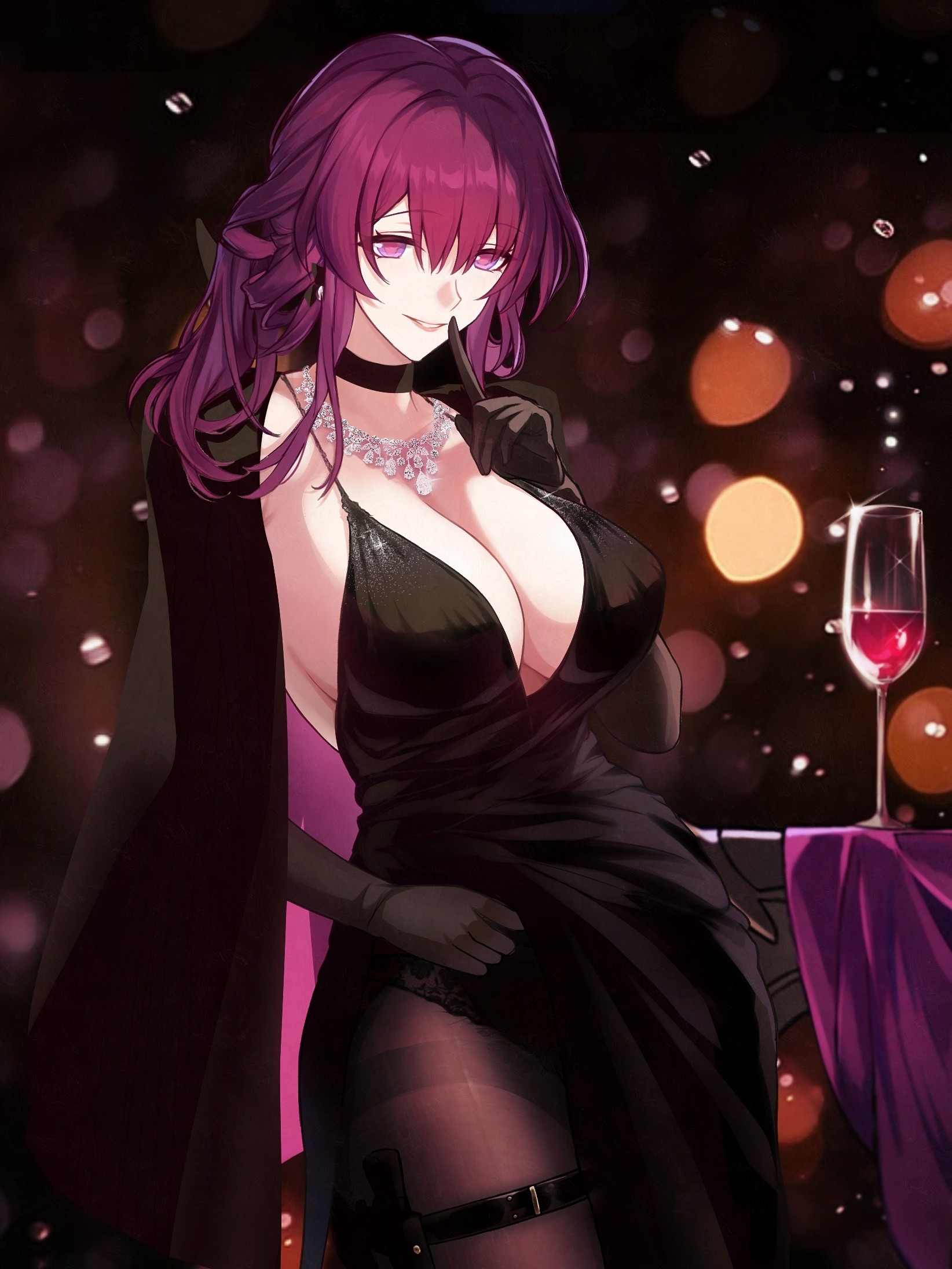 saint laurent paris, kafka (honkai: star rail), honkai: star rail, honkai (series), commentary, highres, 1girl, alcohol, black dress, black gloves, black pantyhose, breasts, center opening, cleavage, cup, dress, drinking glass, elbow gloves, gloves, grin, hair between eyes, jewelry, large breasts, long hair, looking at viewer, necklace, pantyhose, ponytail, purple eyes, purple hair, sleeveless, sleeveless dress, smile, solo, wine glass