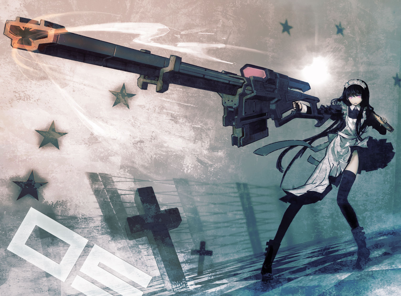 huke, maid gunner, black rock shooter, original, highres, 10s, 1girl, black hair, checkered floor, cross, female focus, gun, huge weapon, long hair, maid, pink eyes, solo, thighhighs, weapon